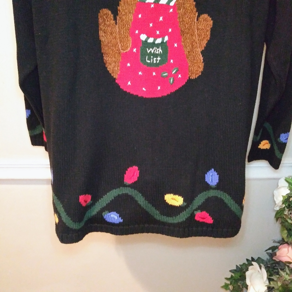 Quacker Factory Black/Multi Reindeer Teddy Bear & Christmas Lights Tunic Sweater - Picture 9 of 12